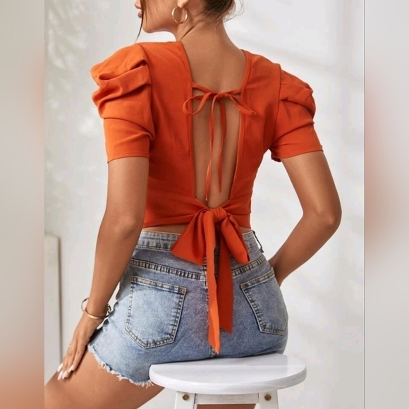 Puff Sleeve Tie Back Crop Blouse - Picture 1 of 4